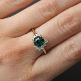 2.0ct Untreated Roval Teal Green Sapphire and Diamond Asymmetrical Cluster Ring in 14k Yellow Gold