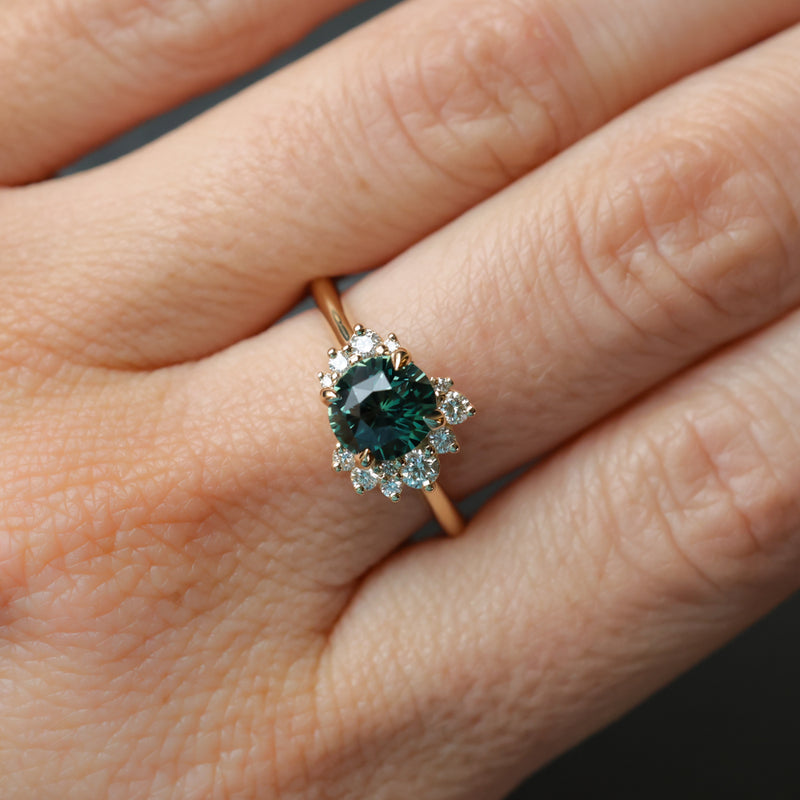 2.0ct Untreated Roval Teal Green Sapphire and Diamond Asymmetrical Cluster Ring in 14k Yellow Gold
