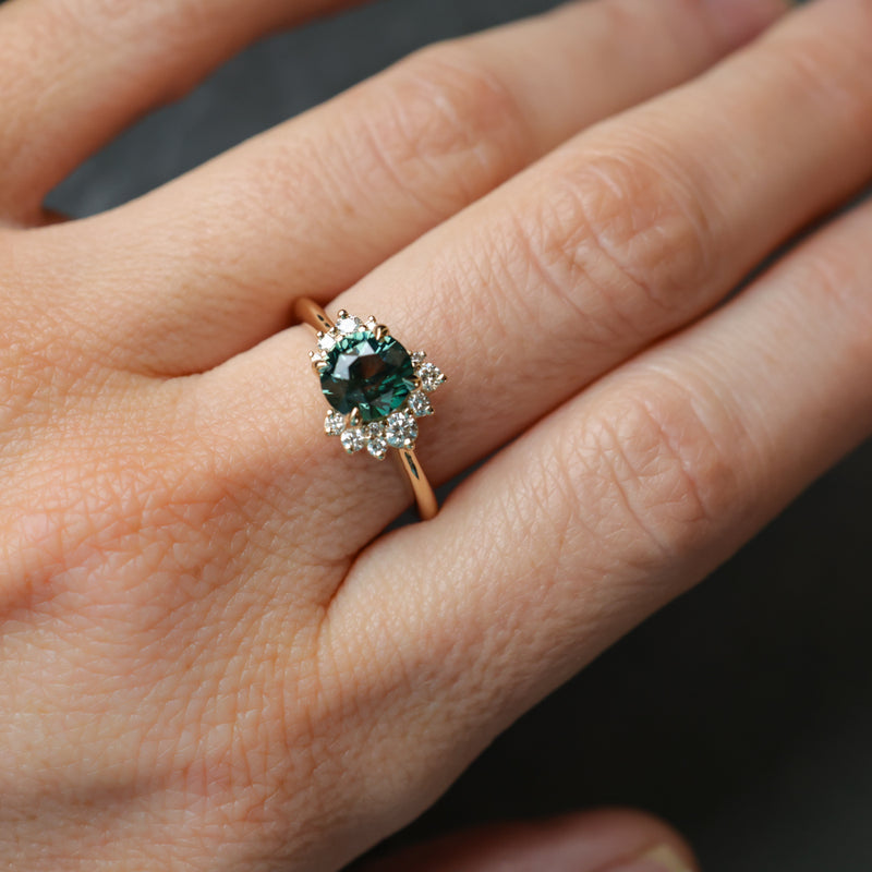2.0ct Untreated Roval Teal Green Sapphire and Diamond Asymmetrical Cluster Ring in 14k Yellow Gold