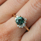 2.0ct Untreated Roval Teal Green Sapphire and Diamond Asymmetrical Cluster Ring in 14k Yellow Gold