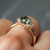 2.0ct Untreated Roval Teal Green Sapphire and Diamond Asymmetrical Cluster Ring in 14k Yellow Gold