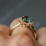 2.0ct Untreated Roval Teal Green Sapphire and Diamond Asymmetrical Cluster Ring in 14k Yellow Gold