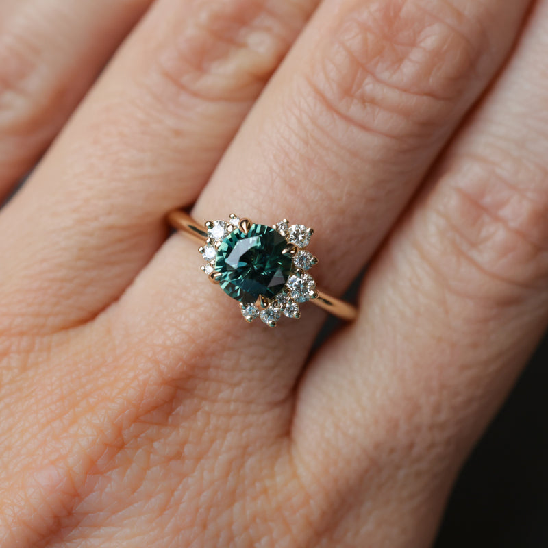2.0ct Untreated Roval Teal Green Sapphire and Diamond Asymmetrical Cluster Ring in 14k Yellow Gold