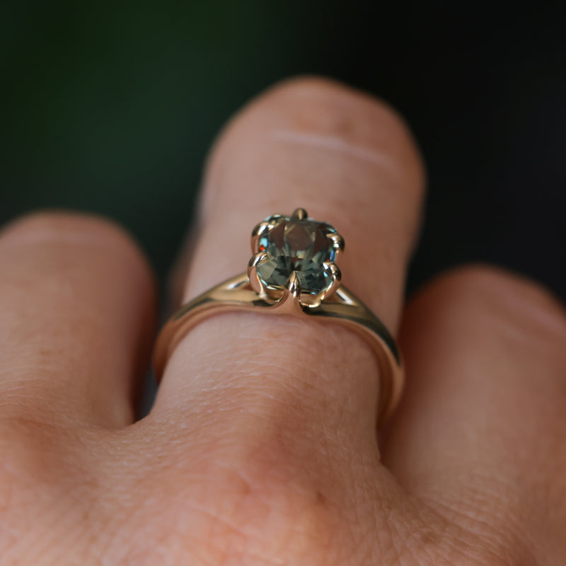 2.07ct Radiant Cut Untreated Tanzanian Sapphire Low Profile Six Prong Split Shank Solitaire in 14k Yellow Gold