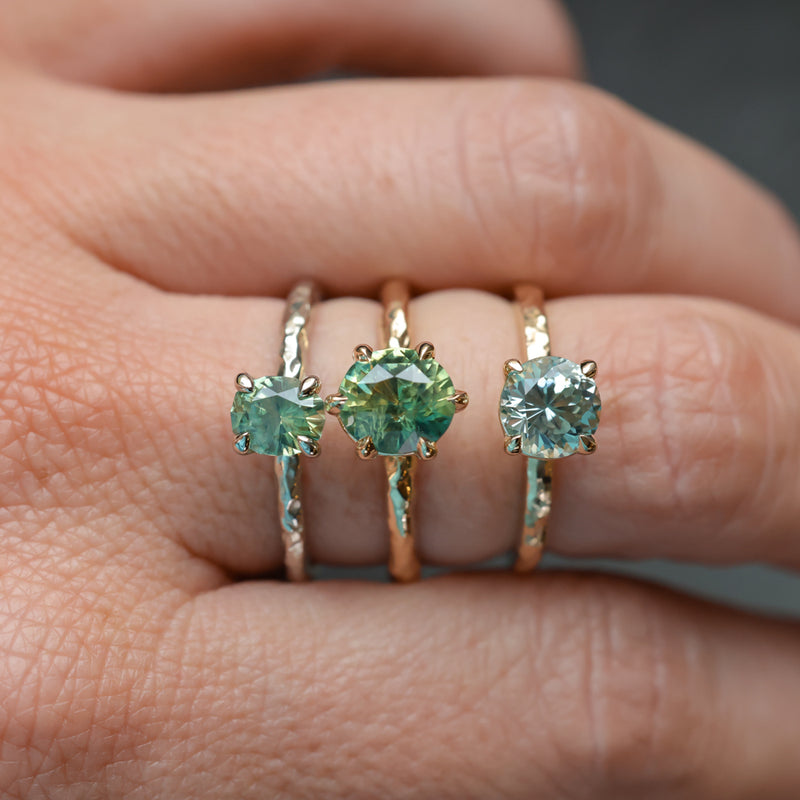 1.44ct Round Precision Cut Montana Sapphire Flat Band 4 Prong Solitaire Evergreen Ring in 14k Yellow Gold