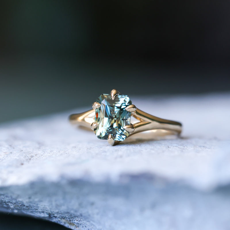 2.07ct Radiant Cut Untreated Tanzanian Sapphire Low Profile Six Prong Split Shank Solitaire in 14k Yellow Gold