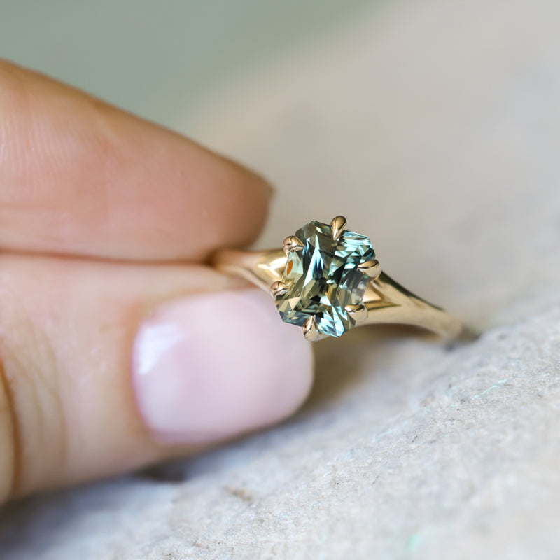 2.07ct Radiant Cut Untreated Tanzanian Sapphire Low Profile Six Prong Split Shank Solitaire in 14k Yellow Gold