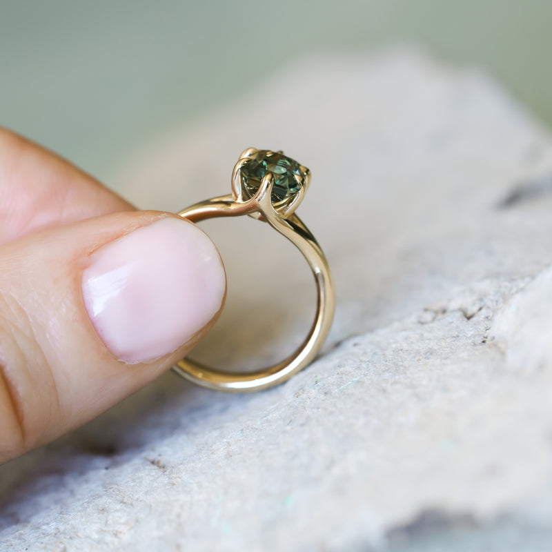 2.07ct Radiant Cut Untreated Tanzanian Sapphire Low Profile Six Prong Split Shank Solitaire in 14k Yellow Gold