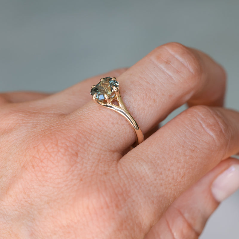 2.07ct Radiant Cut Untreated Tanzanian Sapphire Low Profile Six Prong Split Shank Solitaire in 14k Yellow Gold