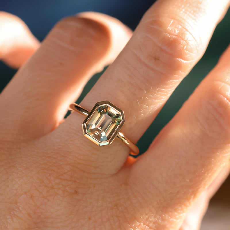 2.60ct Multicolor Emerald Cut Sapphire Low Profile Bezel Ring in 14k Yellow Gold