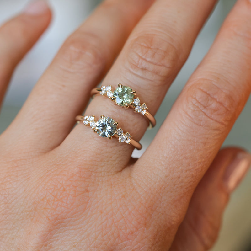 0.75ct Round Untreated Silvery Grey Montana Sapphire and Diamond Starry Night Low Profile Solitaire in 14k Yellow Gold