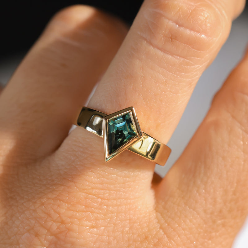 1.27ct Australian Kite Sapphire Bezel Set "Signet" Style Wide Band Solitaire in 14k Yellow Gold