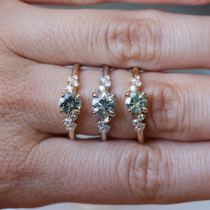 0.75ct Round Untreated Silvery Grey Montana Sapphire and Diamond Starry Night Low Profile Solitaire in 14k Yellow Gold