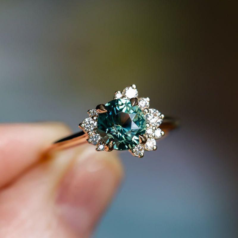2.0ct Untreated Roval Teal Green Sapphire and Diamond Asymmetrical Cluster Ring in 14k Yellow Gold