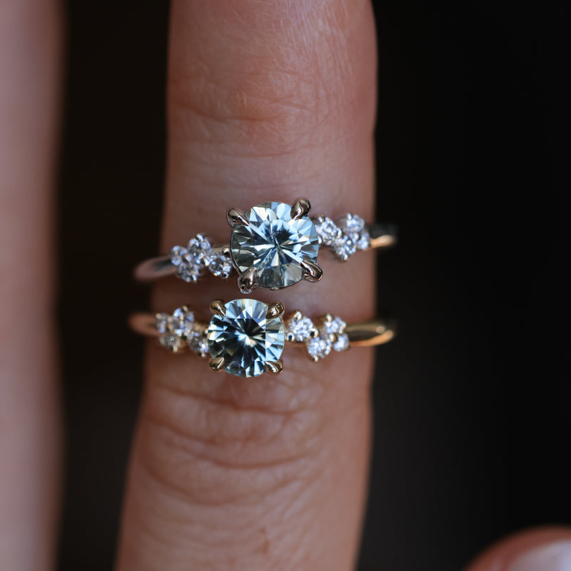 0.75ct Round Untreated Silvery Grey Montana Sapphire and Diamond Starry Night Low Profile Solitaire in 14k Yellow Gold