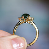 2.0ct Untreated Roval Teal Green Sapphire and Diamond Asymmetrical Cluster Ring in 14k Yellow Gold