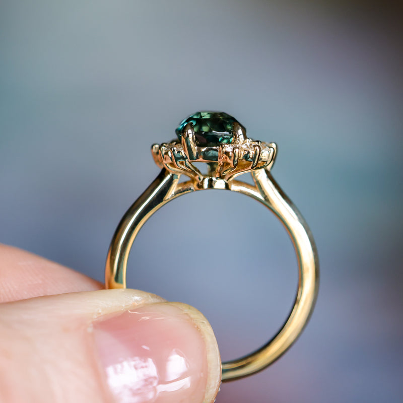 2.0ct Untreated Roval Teal Green Sapphire and Diamond Asymmetrical Cluster Ring in 14k Yellow Gold