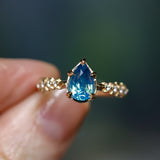 2.01ct Untreated Teal Pear Sapphire Low Profile 5 Prong Vine Solitaire with Diamonds in 14k Yellow Gold