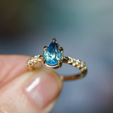 2.01ct Untreated Teal Pear Sapphire Low Profile 5 Prong Vine Solitaire with Diamonds in 14k Yellow Gold