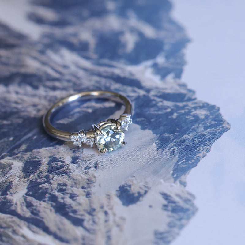 1.12ct Round Silvery Light Blue Montana Sapphire and Diamond Starry Night Low Profile Solitaire in 14k White Gold