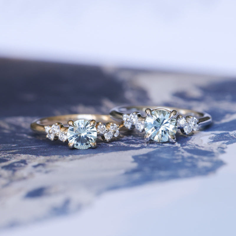 0.75ct Round Untreated Silvery Grey Montana Sapphire and Diamond Starry Night Low Profile Solitaire in 14k Yellow Gold