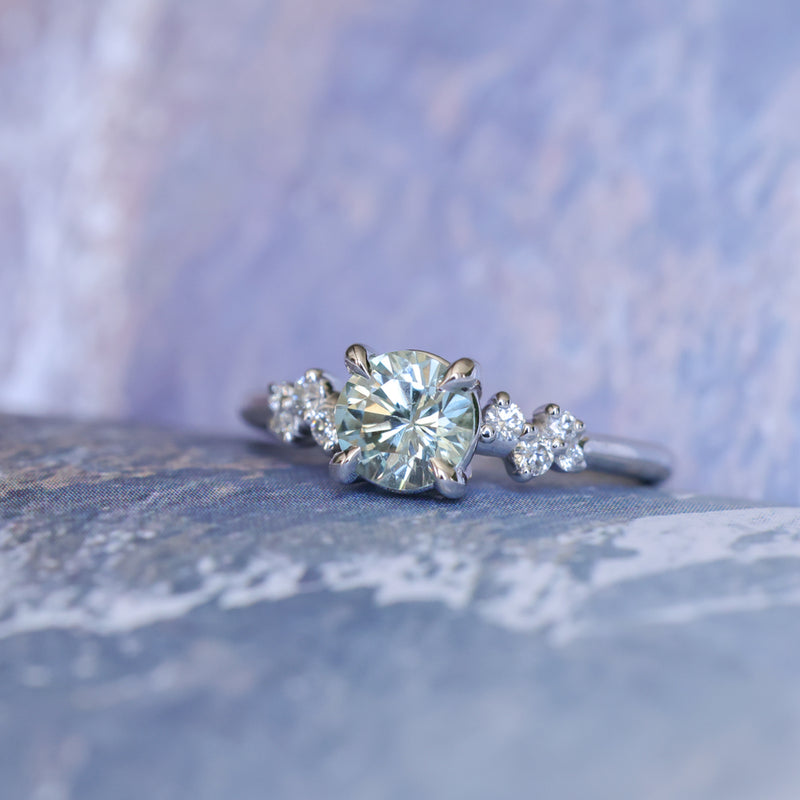 1.12ct Round Silvery Light Blue Montana Sapphire and Diamond Starry Night Low Profile Solitaire in 14k White Gold