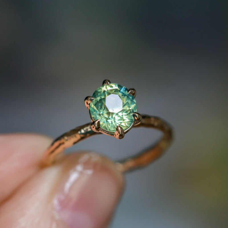 2.0ct Oval Untreated Green Parti Madagascar Sapphire Six Prong Evergreen Solitaire in 14k Yellow Gold