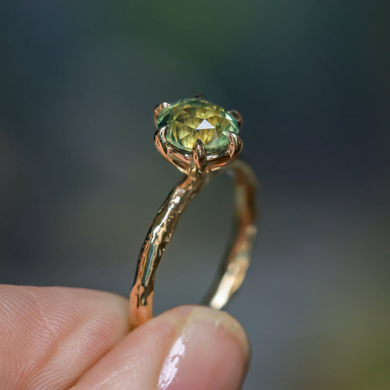 2.0ct Oval Untreated Green Parti Madagascar Sapphire Six Prong Evergreen Solitaire in 14k Yellow Gold