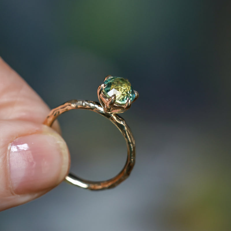 2.0ct Oval Untreated Green Parti Madagascar Sapphire Six Prong Evergreen Solitaire in 14k Yellow Gold