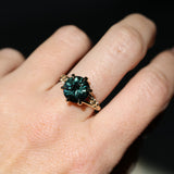 4.23ct Round Teal Green Sapphire Low Profile Wandering Vine Split Shank Six Prong Solitaire in 14k Yellow Gold