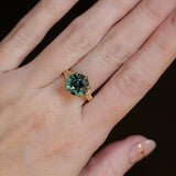 4.23ct Round Teal Green Sapphire Low Profile Wandering Vine Split Shank Six Prong Solitaire in 14k Yellow Gold