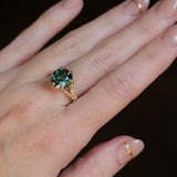 4.23ct Round Teal Green Sapphire Low Profile Wandering Vine Split Shank Six Prong Solitaire in 14k Yellow Gold