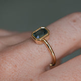 1.26ct Australian Untreated Emerald Cut Caribbean Teal Sapphire Low Profile Bezel Ring in 14k Yellow Gold