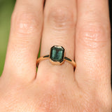 1.26ct Australian Untreated Emerald Cut Caribbean Teal Sapphire Low Profile Bezel Ring in 14k Yellow Gold