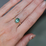 3.22ct Teal Oval Madagascar Sapphire and Diamond Vintage Cathedral Four Prong Ring in 14k Yellow Gold