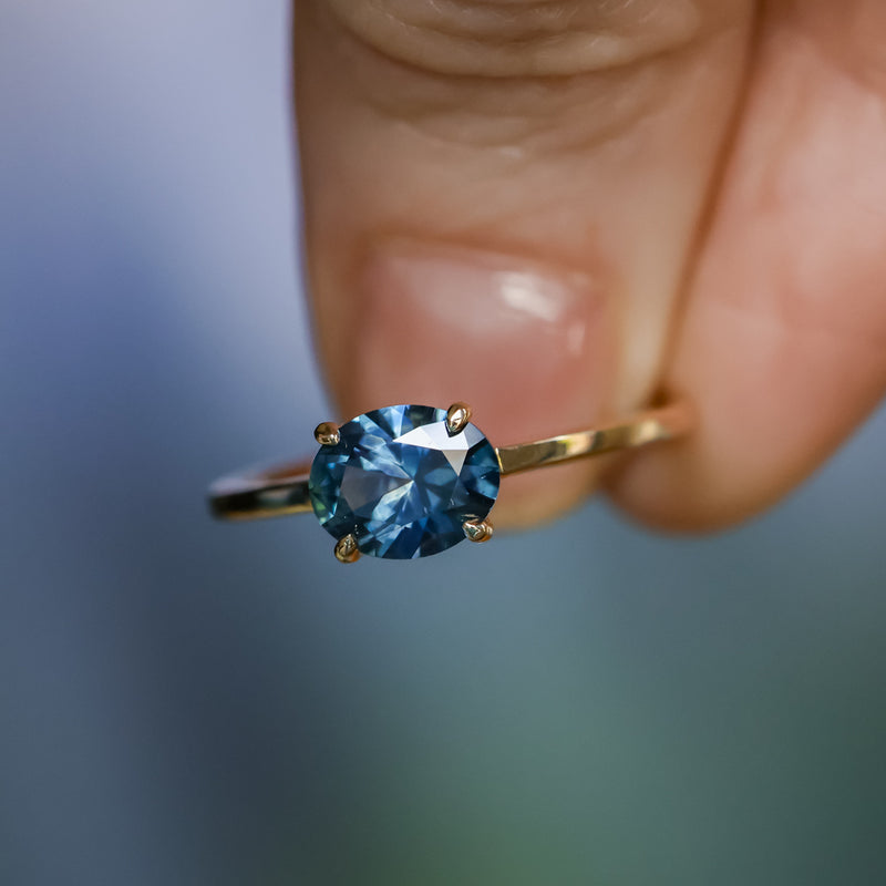 1.42ct Oval Blue Montana Sapphire Low Profile 4 Prong East-West Solitaire in 14k Yellow Gold