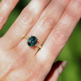 3.22ct Teal Oval Madagascar Sapphire and Diamond Vintage Cathedral Four Prong Ring in 14k Yellow Gold