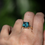 5.53ct Radant Cut Untreated Montana Sapphire and Princess Cut Diamond Rapids Low Profile Ring in 14k Yellow Gold