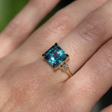 5.53ct Radant Cut Untreated Montana Sapphire and Princess Cut Diamond Rapids Low Profile Ring in 14k Yellow Gold