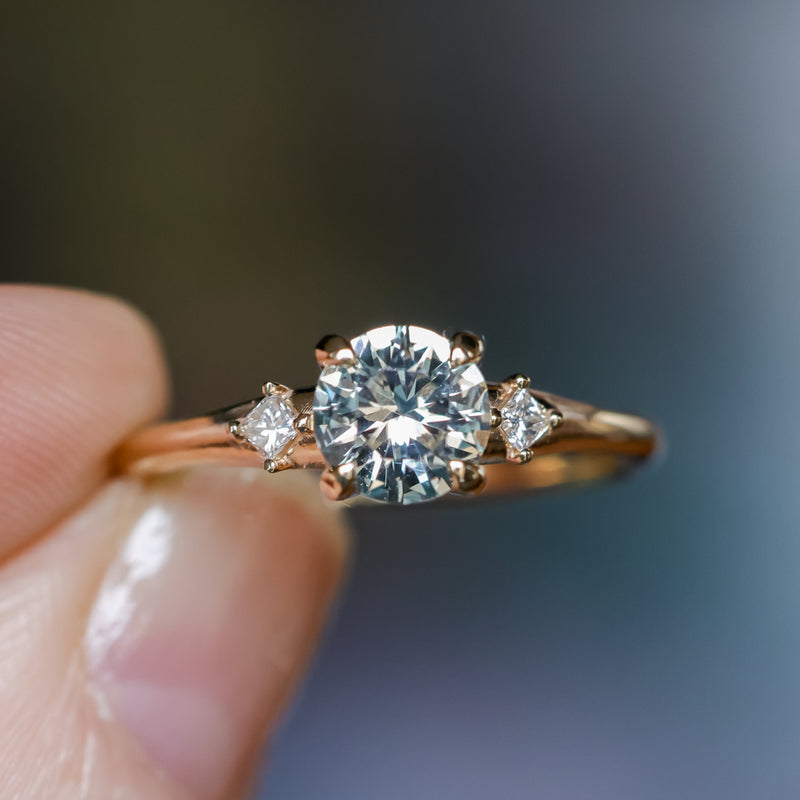 0.91ct Untreated Round White Montana Sapphire and Princess Cut Diamond Rapids Low Profile Ring in 14k Yellow Gold