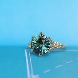 4.23ct Round Teal Green Sapphire Low Profile Wandering Vine Split Shank Six Prong Solitaire in 14k Yellow Gold