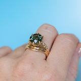 4.23ct Round Teal Green Sapphire Low Profile Wandering Vine Split Shank Six Prong Solitaire in 14k Yellow Gold