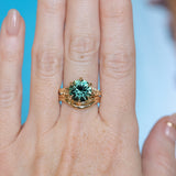 4.23ct Round Teal Green Sapphire Low Profile Wandering Vine Split Shank Six Prong Solitaire in 14k Yellow Gold