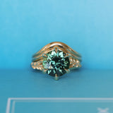 4.23ct Round Teal Green Sapphire Low Profile Wandering Vine Split Shank Six Prong Solitaire in 14k Yellow Gold
