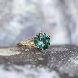 4.23ct Round Teal Green Sapphire Low Profile Wandering Vine Split Shank Six Prong Solitaire in 14k Yellow Gold