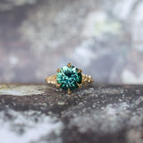 4.23ct Round Teal Green Sapphire Low Profile Wandering Vine Split Shank Six Prong Solitaire in 14k Yellow Gold