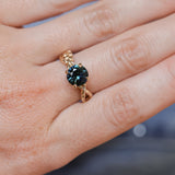 1.98ct Round Untreated Deep Parti Teal Sapphire Twisted Vine Split Shank Solitaire in 14k Yellow Gold with Diamonds