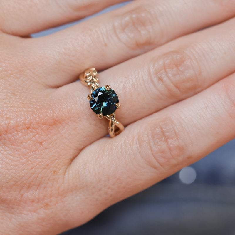 1.98ct Round Untreated Deep Parti Teal Sapphire Twisted Vine Split Shank Solitaire in 14k Yellow Gold with Diamonds