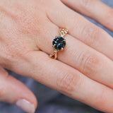 1.98ct Round Untreated Deep Parti Teal Sapphire Twisted Vine Split Shank Solitaire in 14k Yellow Gold with Diamonds