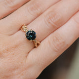 1.98ct Round Untreated Deep Parti Teal Sapphire Twisted Vine Split Shank Solitaire in 14k Yellow Gold with Diamonds